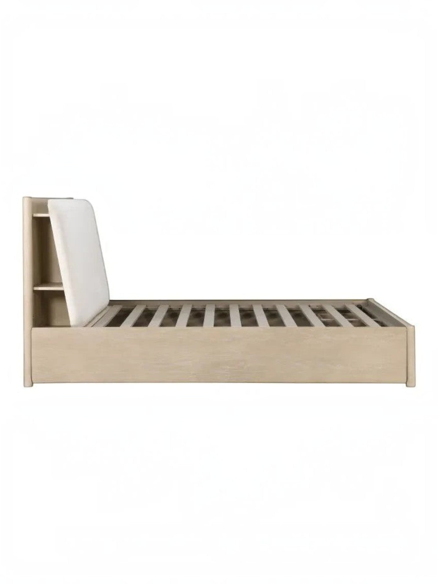 TOCO Meubles Lit Laurent grand lit en bois de chêne clair avec tête de lit rembourrée couleur huître et rangement intégré.