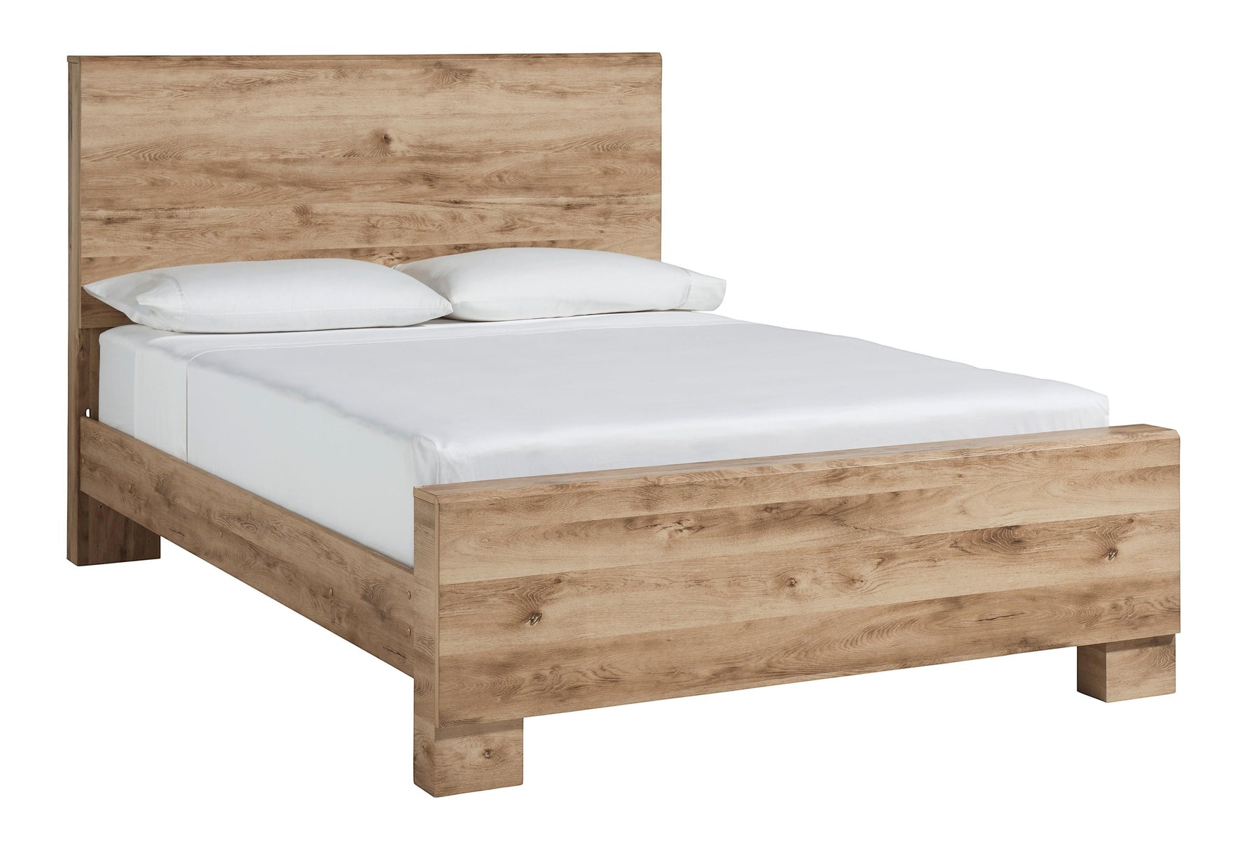 TOCO Meubles Grand Lit Lola en bois finition rustique dorée avec tête de lit et cadre épurés, 2 oreillers blancs.