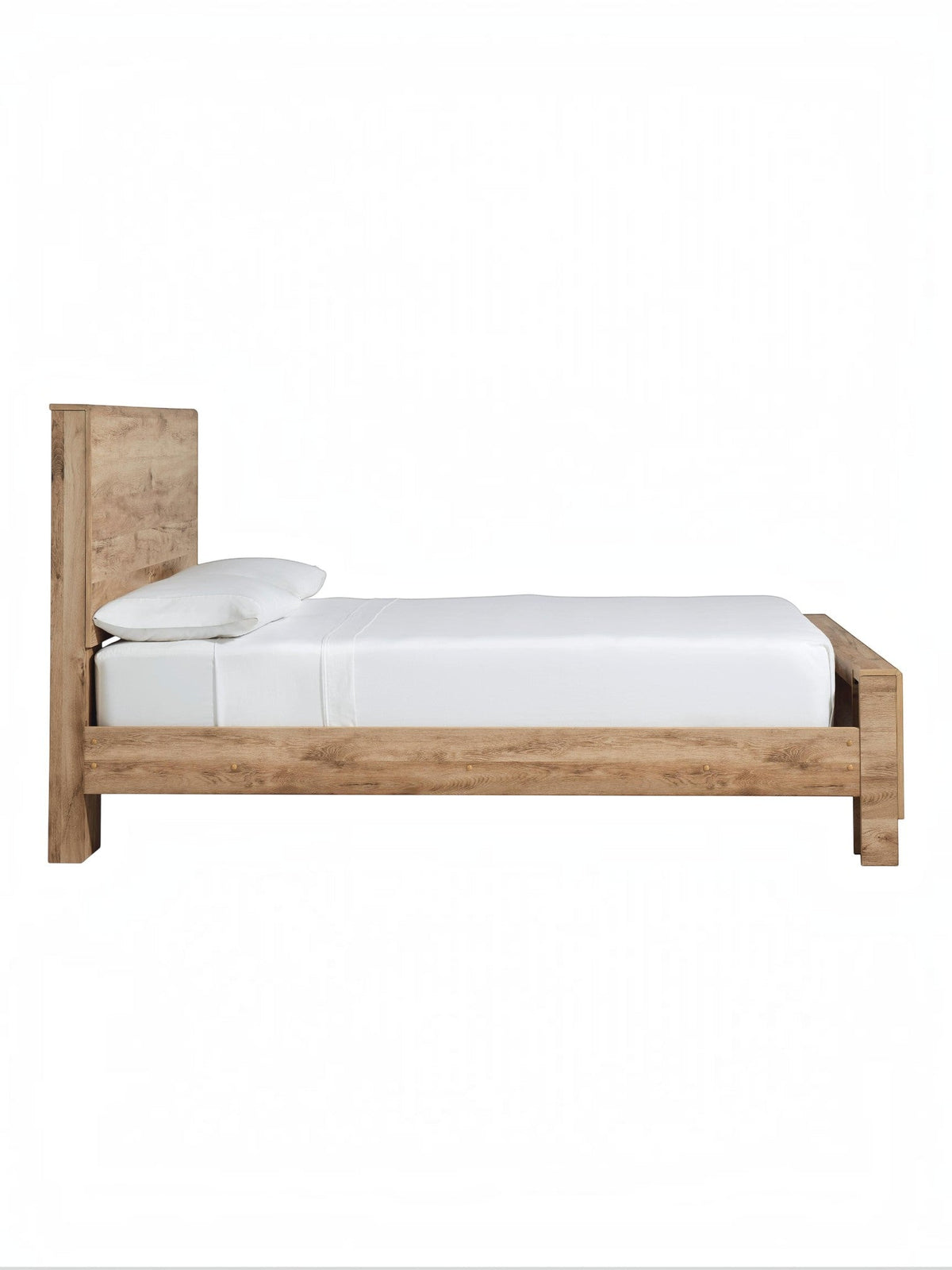 Lit double TOCO Meubles Lola en bois finition rustique dorée avec tête de lit haute, vue de profil