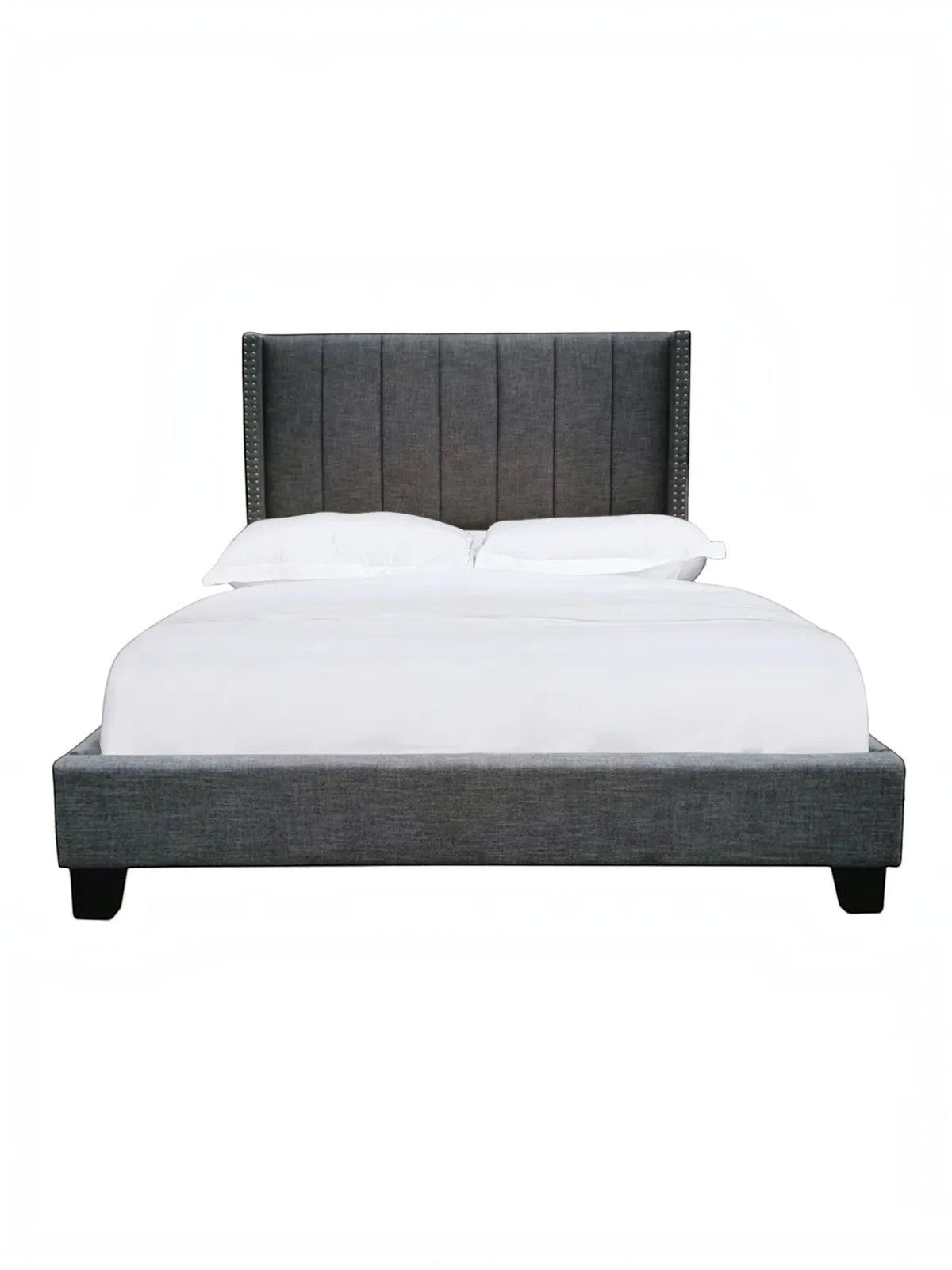 TOCO Meubles Grand Lit Lorenzo, lit plateforme gris foncé rembourré avec tête de lit capitonnée et clous décoratifs, style contemporain.