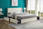 TOCO Meubles Grand lit Lucia en velours crème avec tête de lit capitonnée et tiroirs de rangement intégrés.