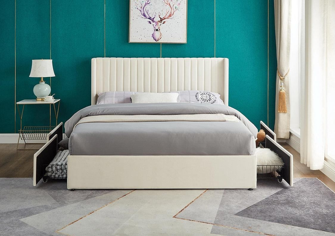 Grand lit Lucia en velours crème avec tête de lit capitonnée et rangements intégrés par TOCO Meubles