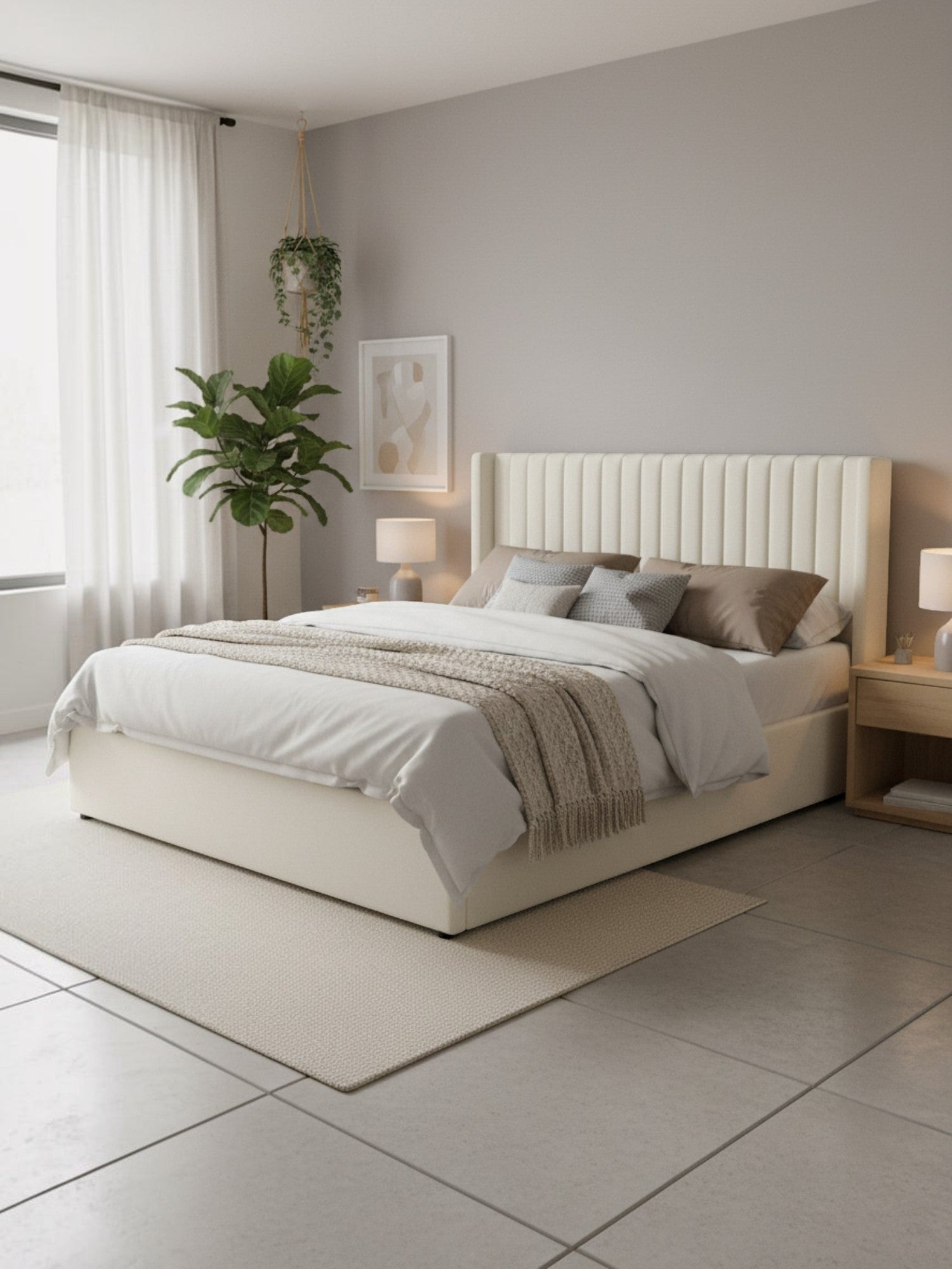 Grand lit Lucia TOCO Meubles en velours crème avec tête de lit ailée capitonnée et espace de rangement intégré