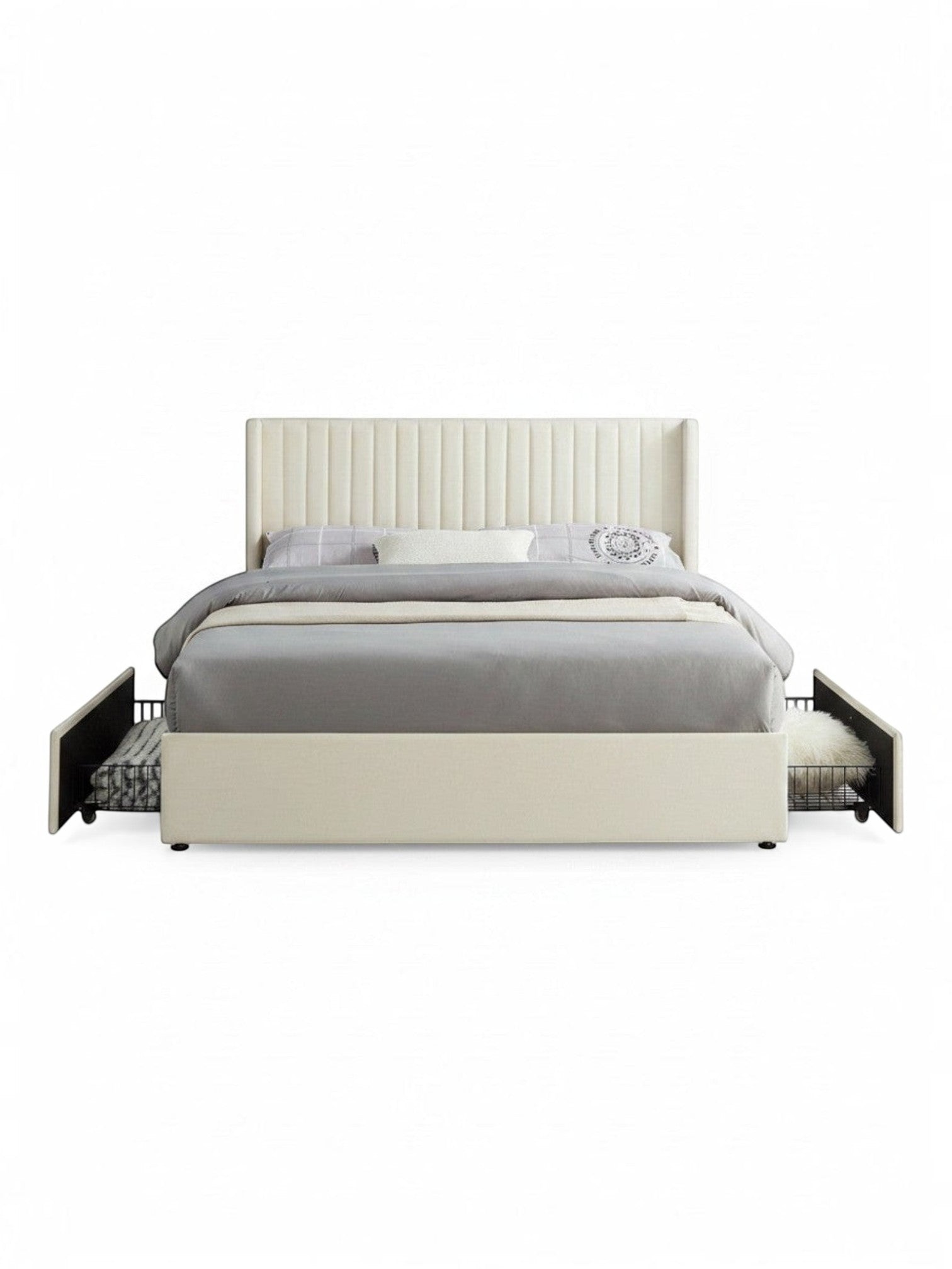 Grand lit Lucia TOCO Meubles en velours crème avec tête de lit ailée et tiroirs de rangement latéraux intégrés
