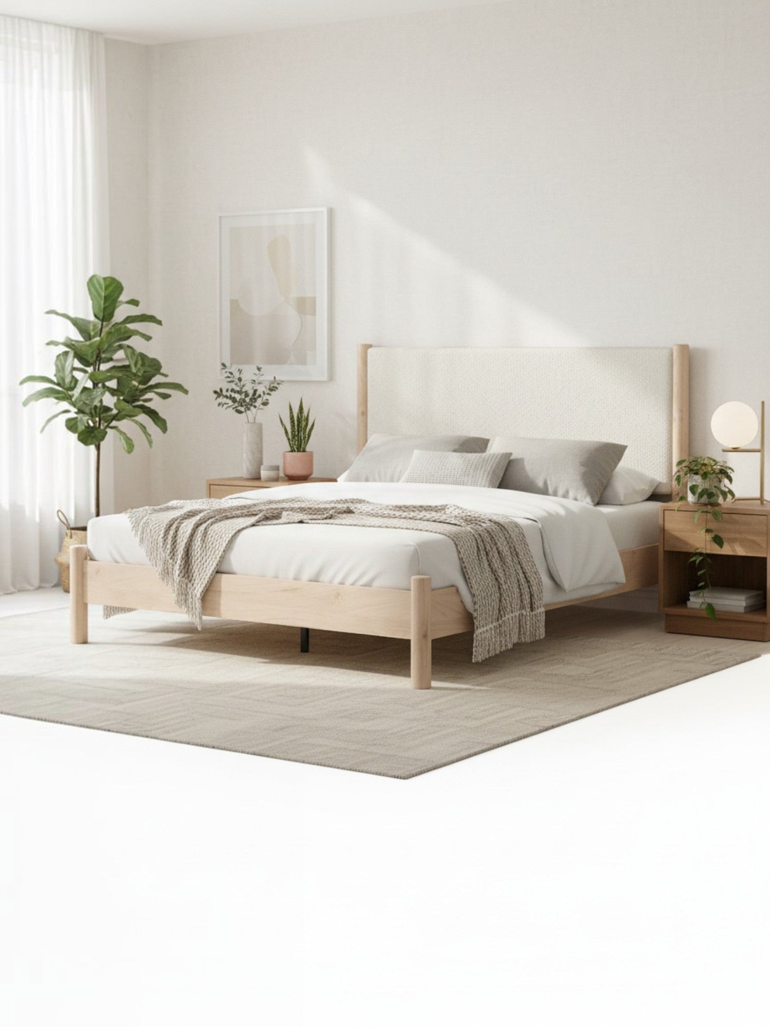 Très grand lit Margot TOCO Meubles avec tête de lit rembourrée beige et cadre en bois clair dans une chambre boho