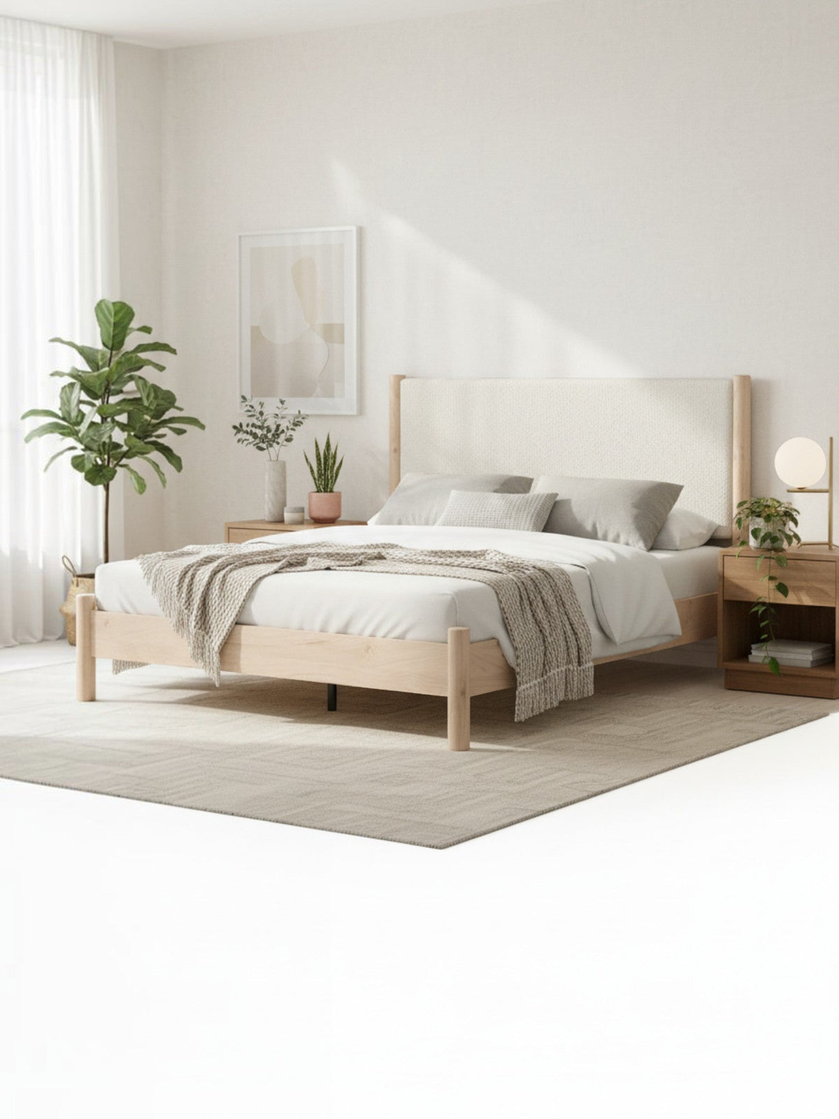 Très grand lit Margot TOCO Meubles avec tête de lit rembourrée beige et cadre en bois clair dans une chambre boho