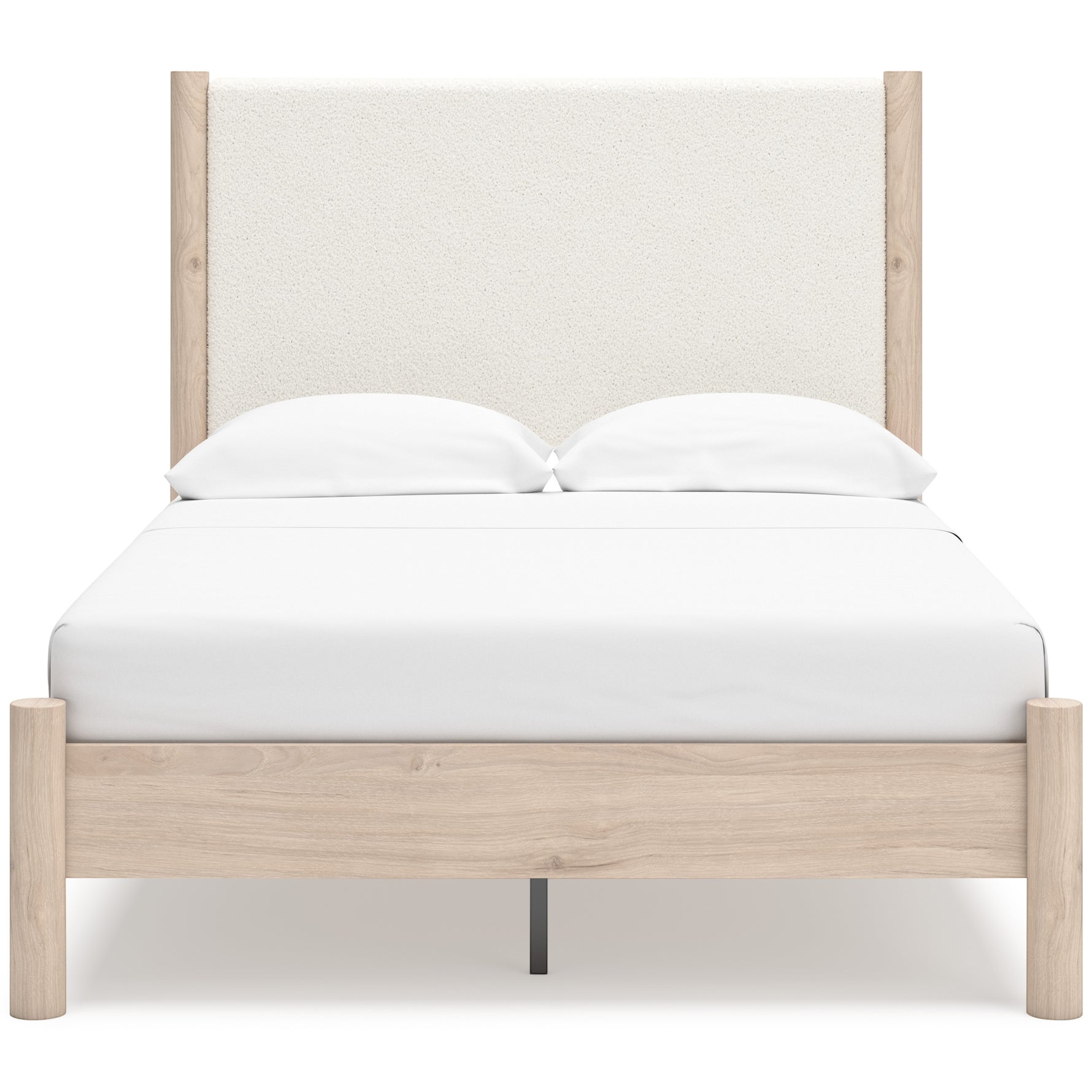 Lit double Margot TOCO Meubles en bois clair et tissu texturé blanc cassé, style boho minimaliste.