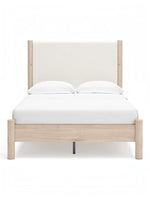 Lit double Margot TOCO Meubles en bois clair et tissu texturé blanc cassé, style boho minimaliste.