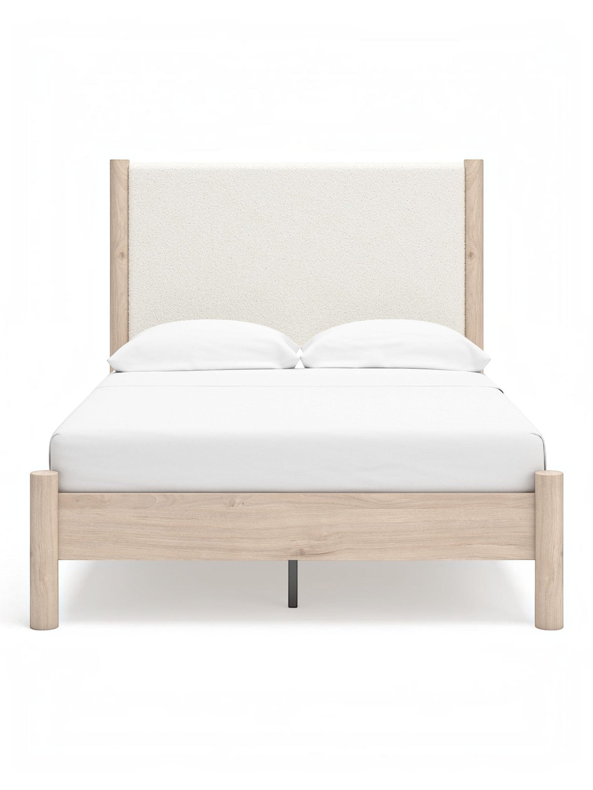 Lit double Margot TOCO Meubles en bois clair et tissu texturé blanc cassé, style boho minimaliste.