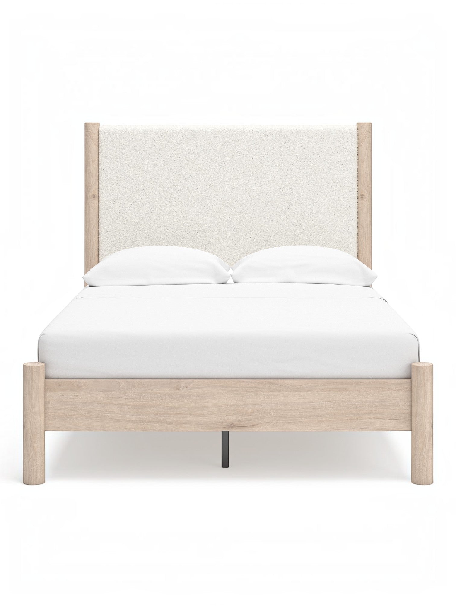 Lit double Margot TOCO Meubles en bois clair et tissu texturé blanc cassé, style boho minimaliste.