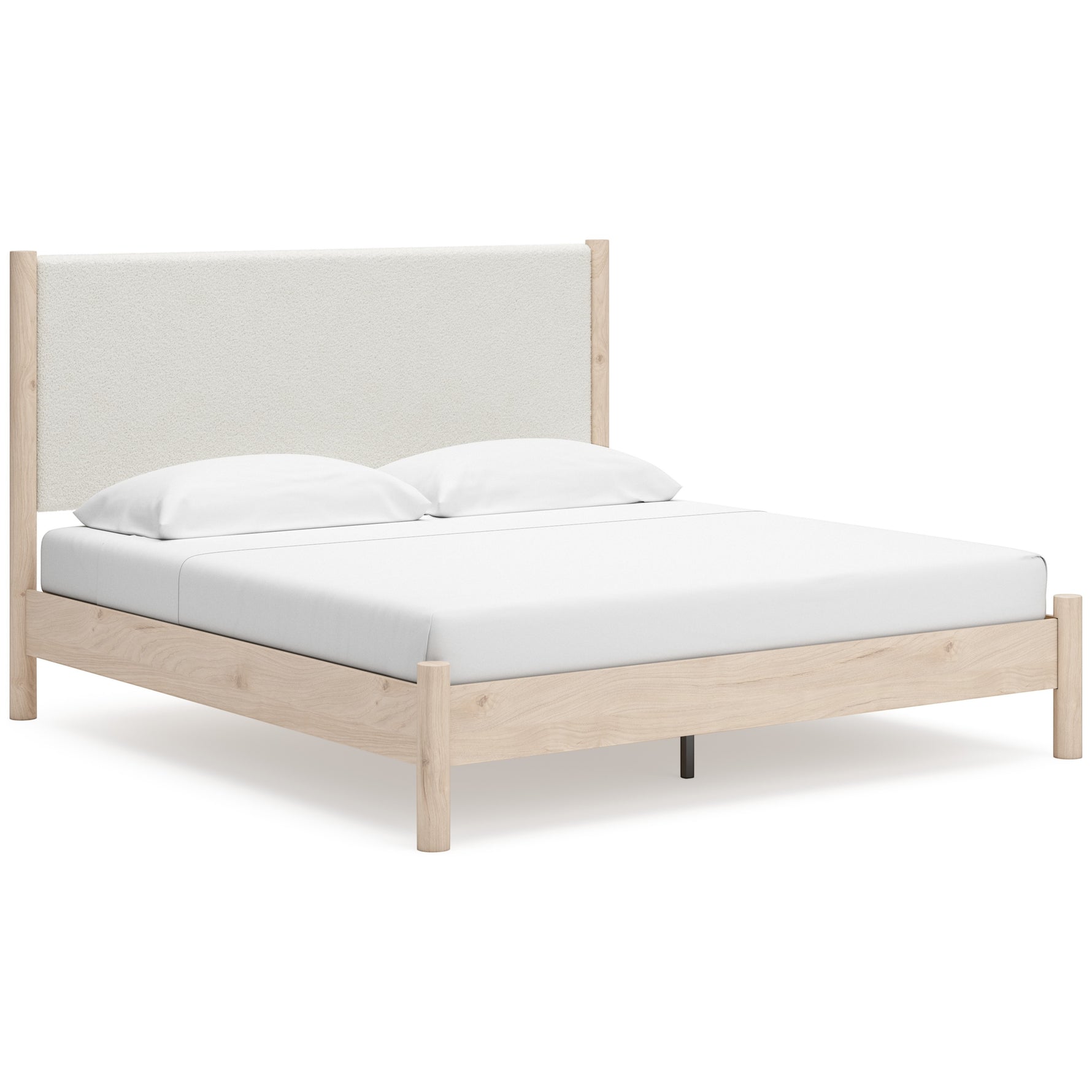 Lit Margot TOCO Meubles en bois clair avec tête de lit rembourrée texturée blanc cassé, style boho minimaliste.