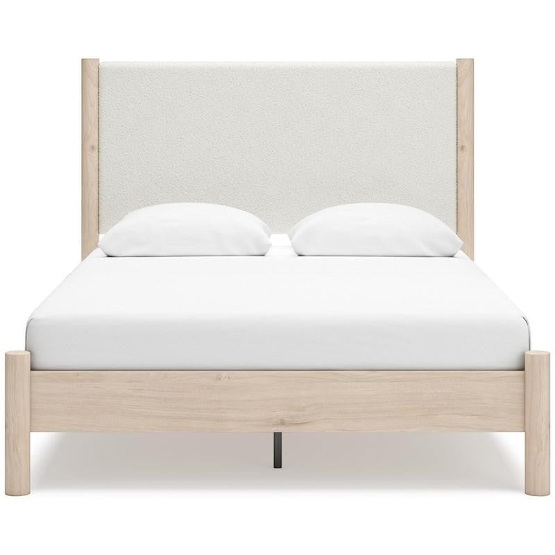 TOCO Meubles Grand Lit Margot, lit plateforme minimaliste en bois clair avec tête de lit rembourrée texturée blanc cassé.