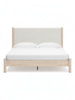 Très grand lit Margot TOCO Meubles avec tête de lit rembourrée en tissu texturé beige et cadre en bois clair