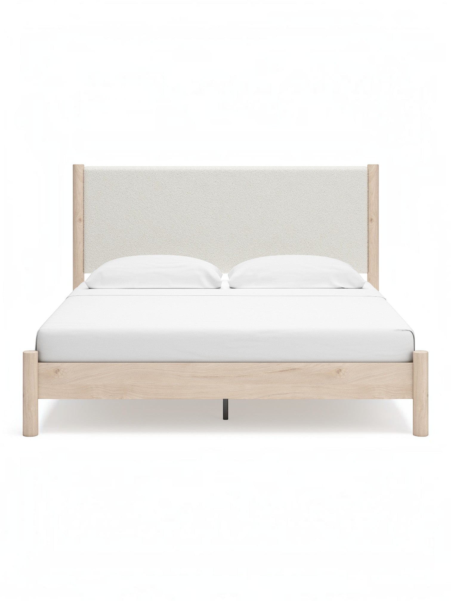 Très grand lit Margot TOCO Meubles avec tête de lit rembourrée en tissu texturé beige et cadre en bois clair