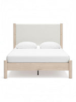 Lit Margot TOCO Meubles avec tête de lit rembourrée en tissu texturé blanc et cadre en bois clair style boho