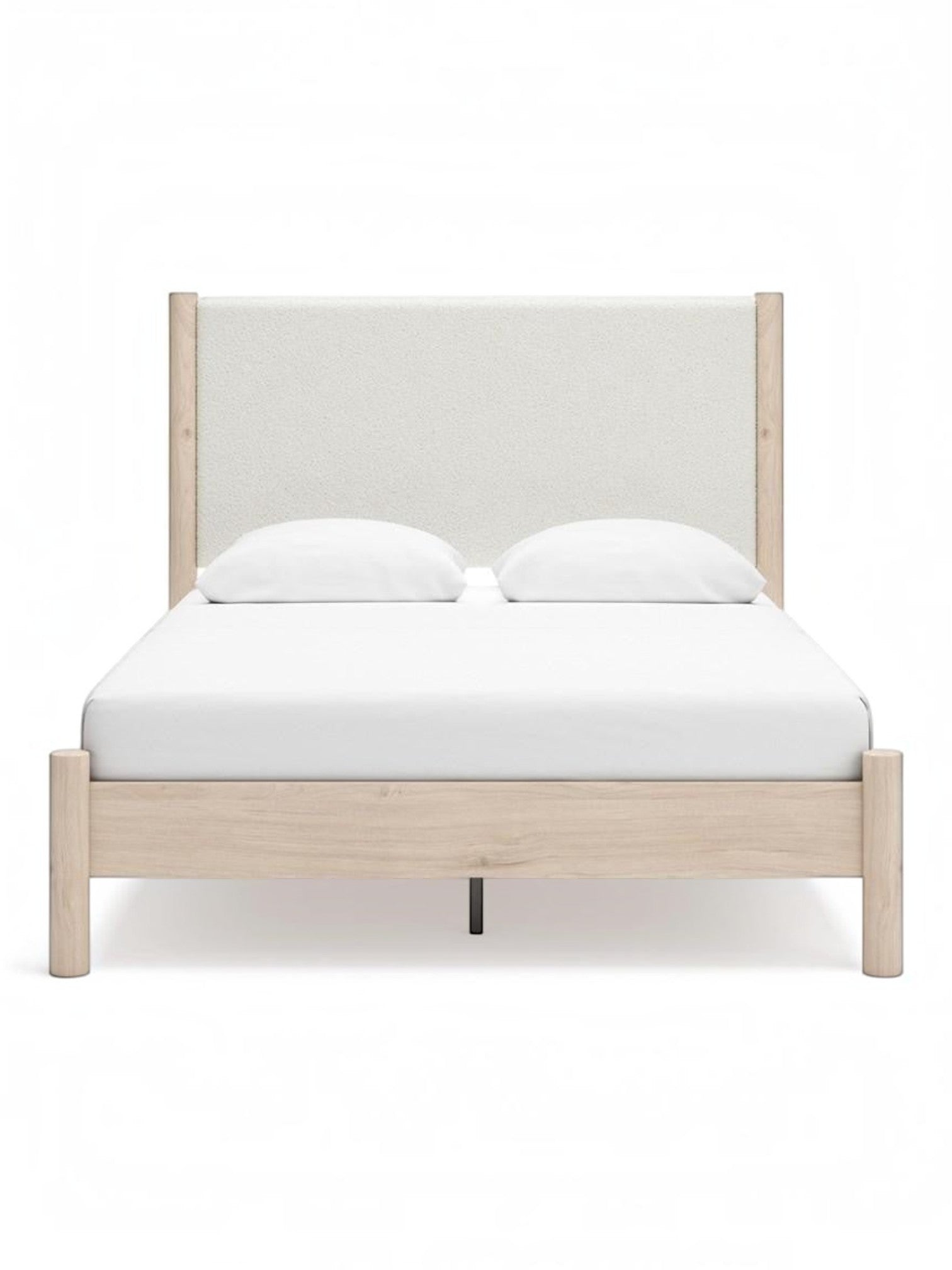 Lit Margot TOCO Meubles avec tête de lit rembourrée en tissu texturé blanc et cadre en bois clair style boho