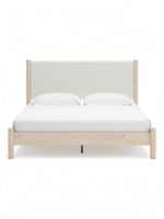 Très grand lit Margot TOCO Meubles avec tête de lit rembourrée en tissu texturé beige et cadre en bois clair