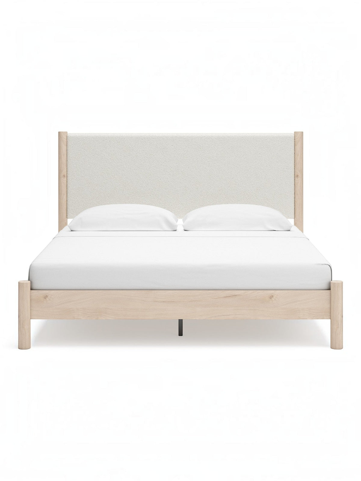 Très grand lit Margot TOCO Meubles avec tête de lit rembourrée en tissu texturé beige et cadre en bois clair