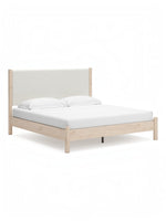 Très grand lit Margot TOCO Meubles avec tête de lit rembourrée en tissu bouclé beige et cadre en bois clair naturel