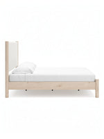 Lit king size Margot TOCO Meubles en bois clair et tissu rembourré blanc, style boho minimaliste, vue de profil.