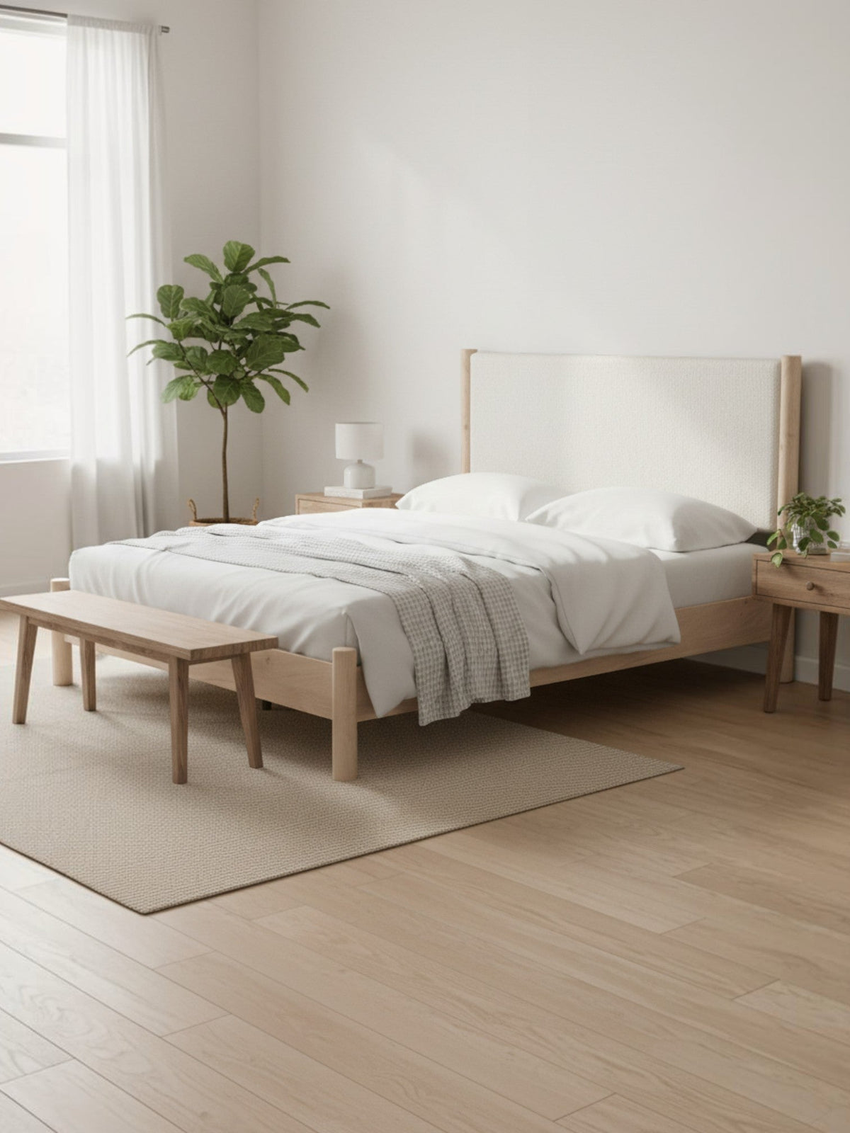 Lit king size Margot TOCO Meubles rembourré en tissu blanc avec cadre en bois clair dans une chambre minimaliste