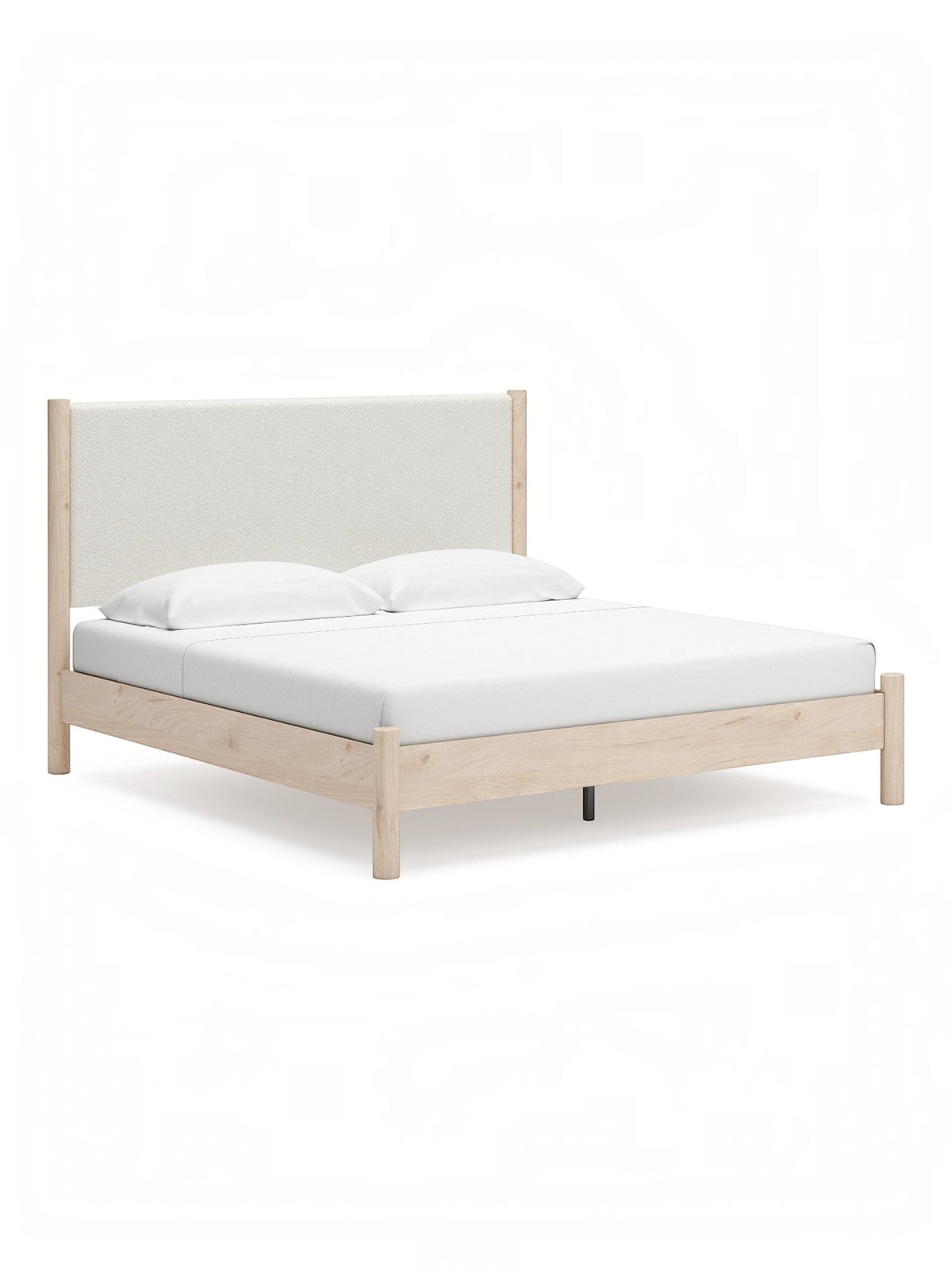 Très grand lit Margot TOCO Meubles avec tête de lit rembourrée en tissu bouclé beige et cadre en bois clair naturel