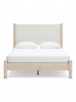 Lit Margot TOCO Meubles avec tête de lit rembourrée en tissu texturé blanc et cadre en bois clair style boho