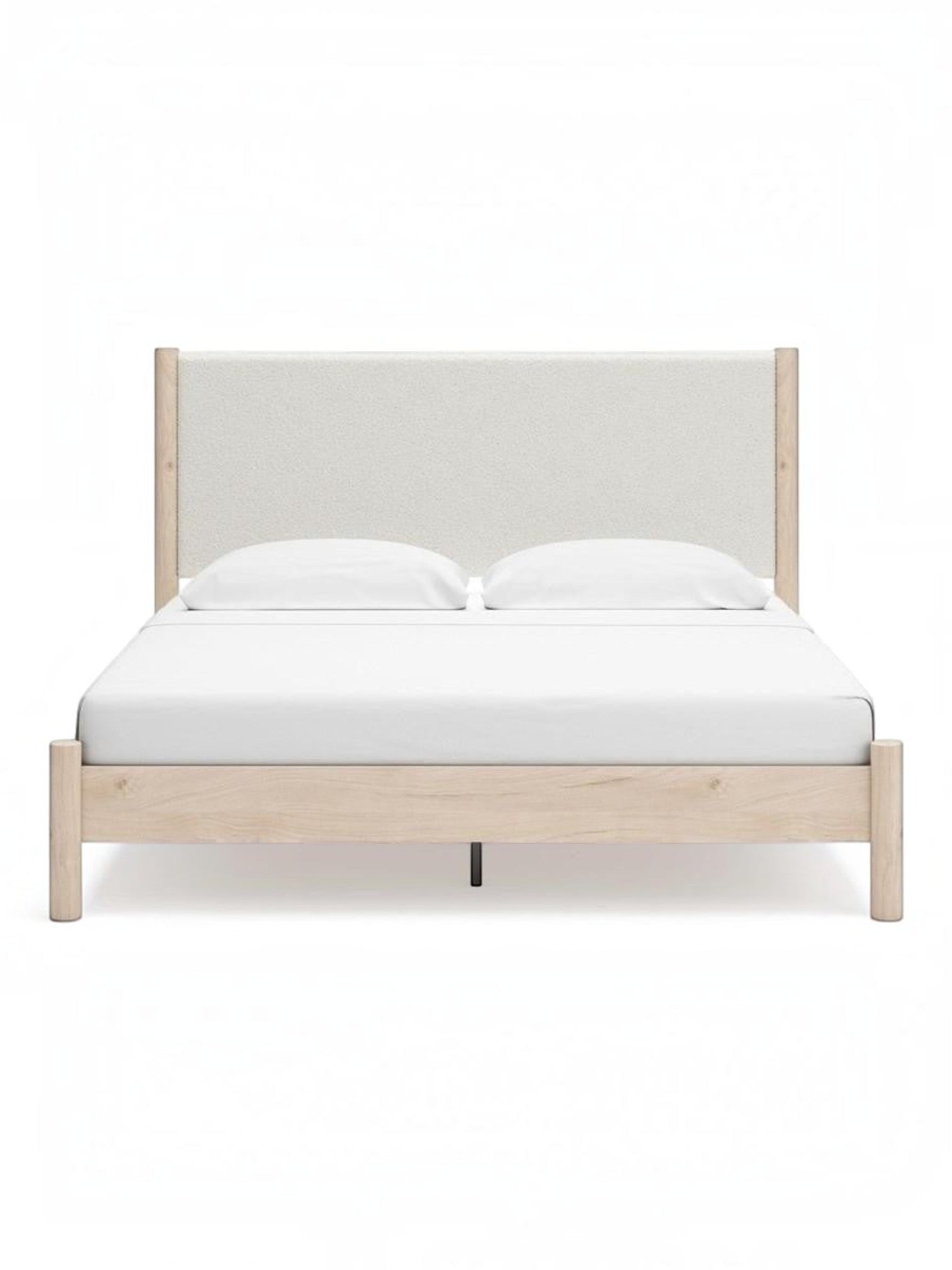 Très grand lit Margot TOCO Meubles avec tête de lit rembourrée beige et cadre en bois clair style boho minimaliste
