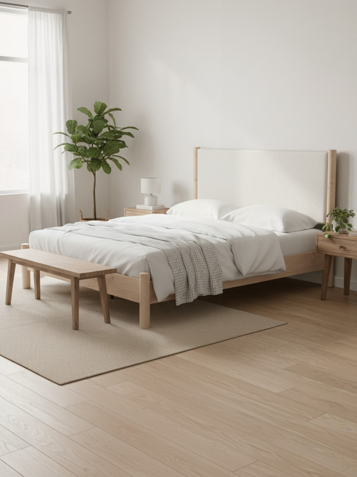Lit king size Margot TOCO Meubles rembourré en tissu blanc avec cadre en bois clair dans une chambre minimaliste
