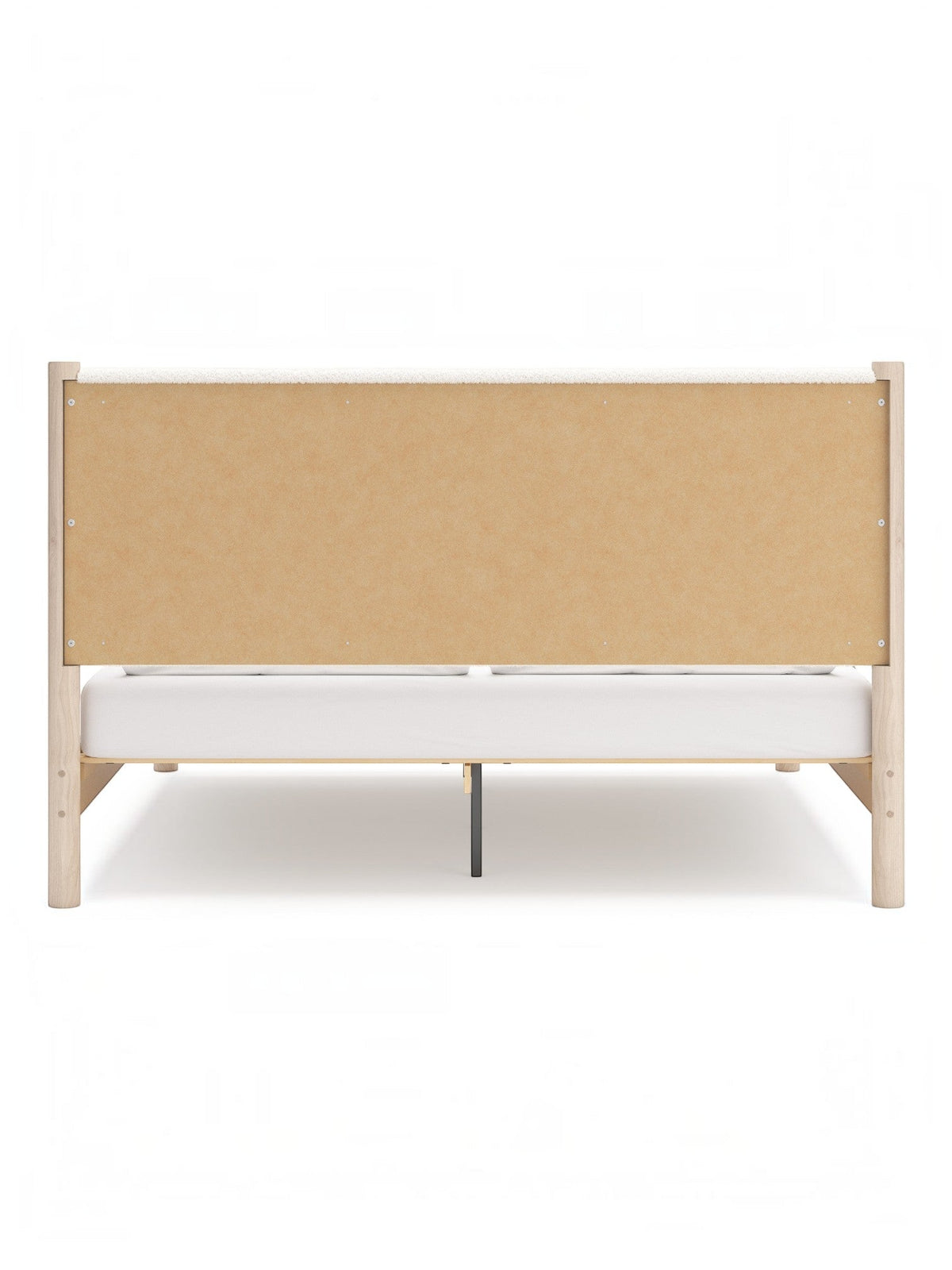 Vue arrière du très grand lit Margot TOCO Meubles avec structure en bois clair et panneau rembourré blanc texturé