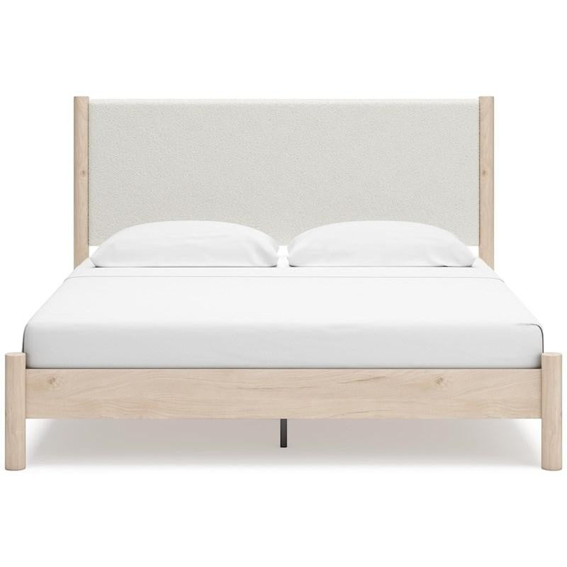 TOCO Meubles Lit Margot grand lit en bois clair avec tête de lit rembourrée texturée blanc cassé