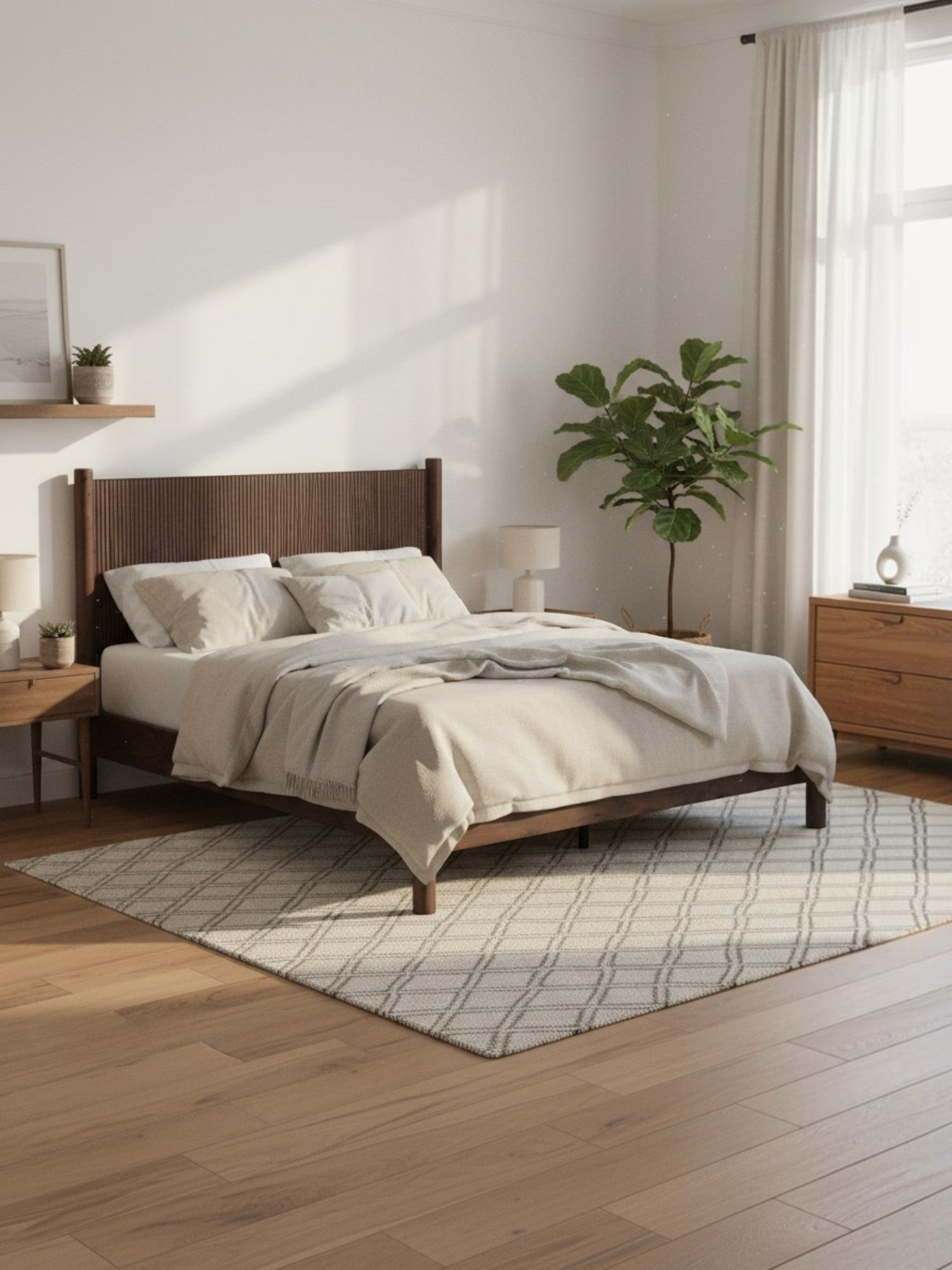 Très grand lit Maya TOCO Meubles en bois brun avec tête de lit cannée dans une chambre au style bohème moderne