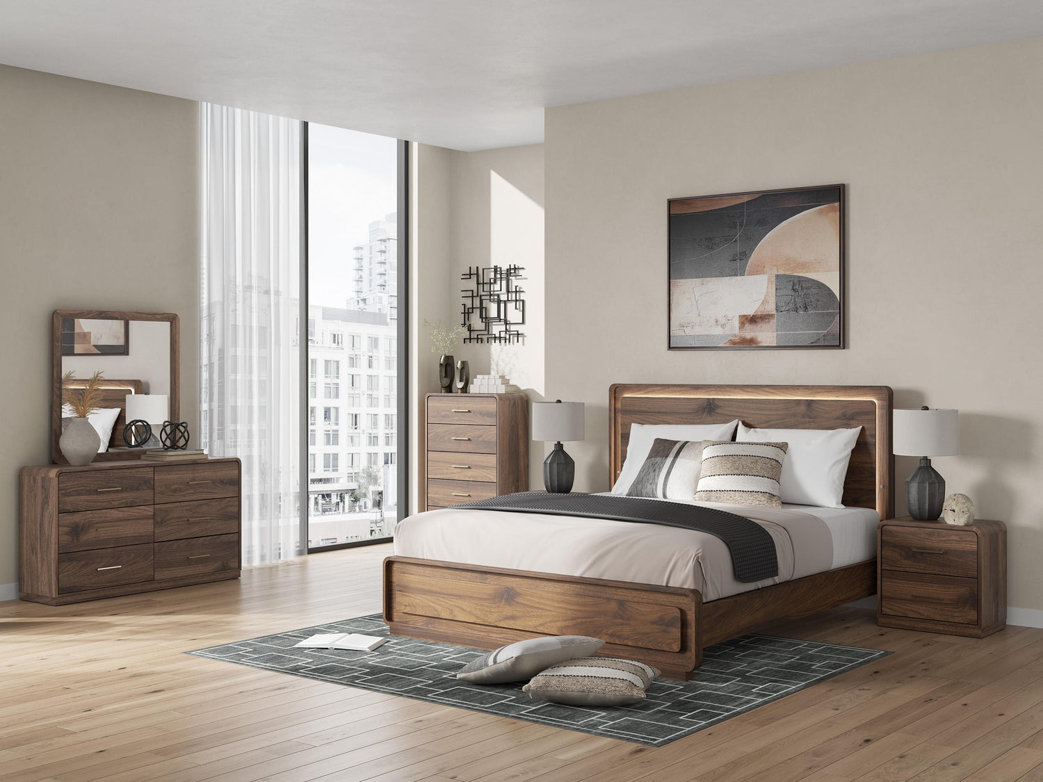 TOCO Meubles Lit Mila en bois brun riche avec éclairage DEL intégré dans la tête de lit. Design moderne et épuré.