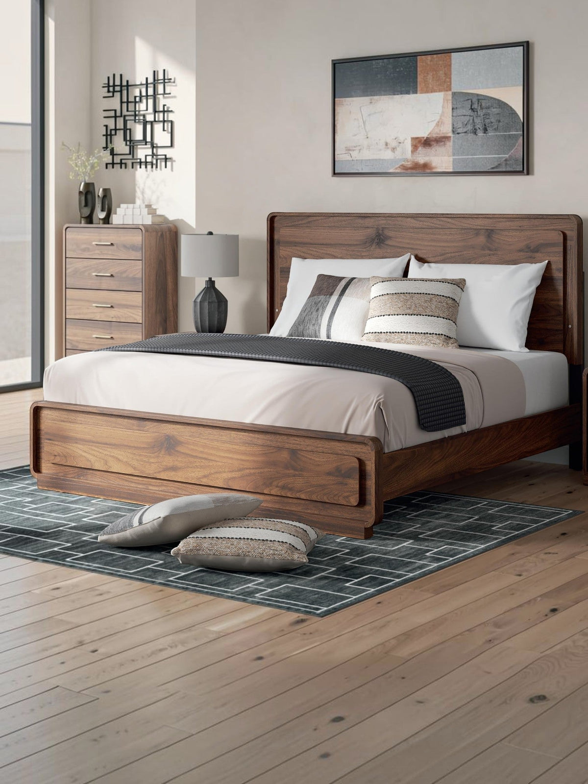 TOCO Meubles Grand Lit Mila en bois brun avec éclairage DEL intégré dans la tête de lit, design moderne.