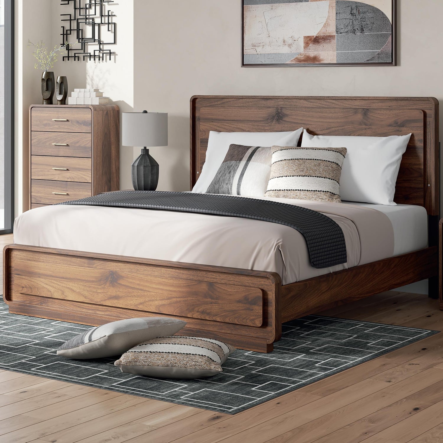TOCO Meubles Lit Mina en bois brun riche avec éclairage DEL intégré dans la tête de lit, design moderne et épuré.