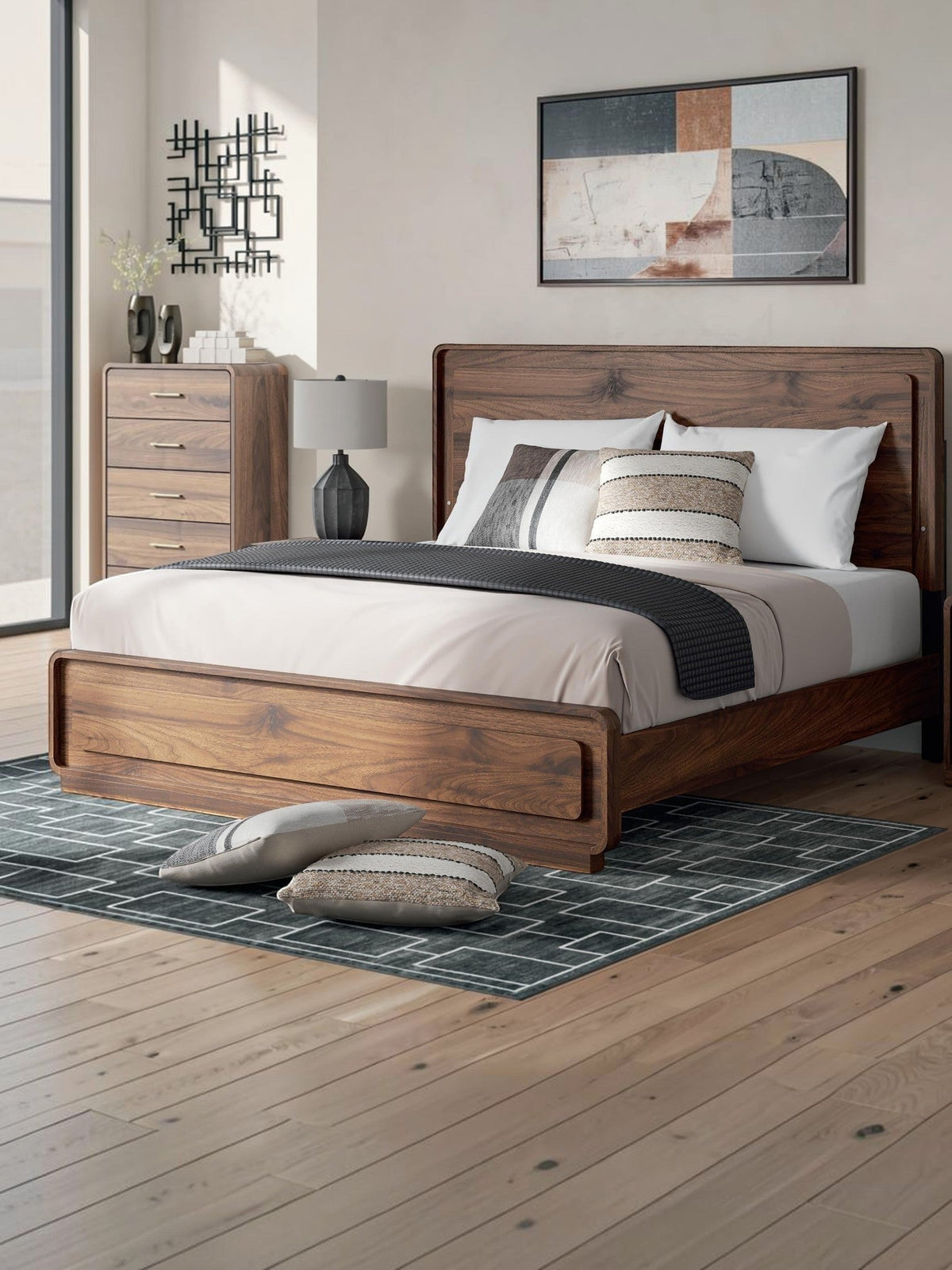 TOCO Meubles Lit Mina en bois brun riche avec éclairage DEL intégré dans la tête de lit, design moderne et épuré.