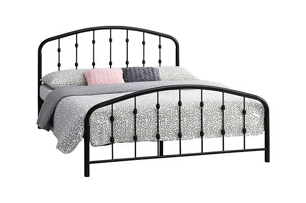 TOCO Meubles Lit double Nina en acier noir, design contemporain avec tête et pied de lit arqués et barreaux verticaux.
