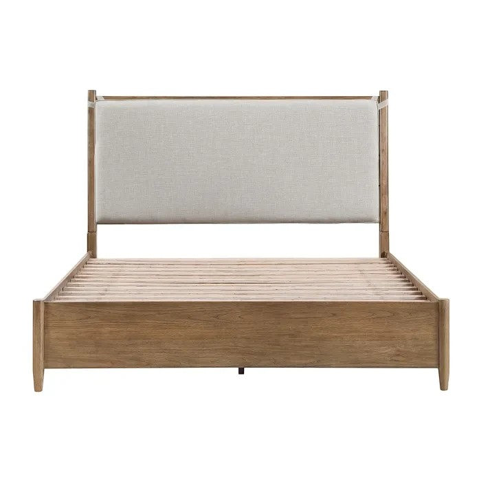TOCO Meubles Grand lit Noria en bois brun avec tête de lit rembourrée en tissu écru amovible.