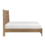 Lit plateforme Noria TOCO Meubles en bois brun avec tête de lit lamellée et coussin amovible, style rustique moderne.