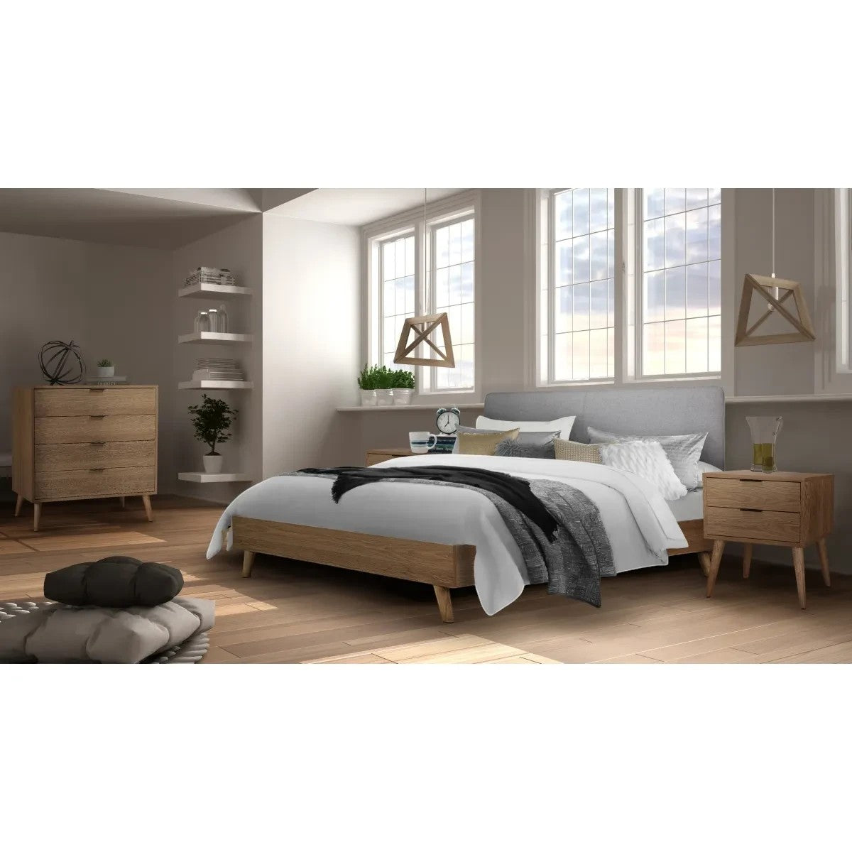 Lit plateforme bas en bois brun avec tête de lit rembourrée en tissu gris, collection Nova par TOCO Meubles.