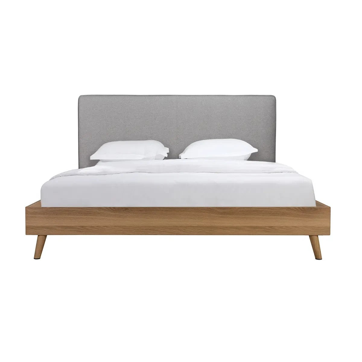 Lit plateforme TOCO Meubles Nova en bois brun avec tête de lit rembourrée en tissu gris, 2 oreillers blancs.