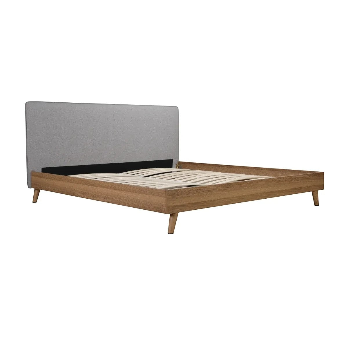 Lit plateforme TOCO Meubles Nova en bois brun avec tête de lit rembourrée en tissu gris, style Mid-Century Modern.