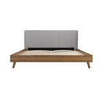 TOCO Meubles Lit Nova plateforme bas en bois brun avec tête de lit rembourrée grise, style Mid-Century Modern.