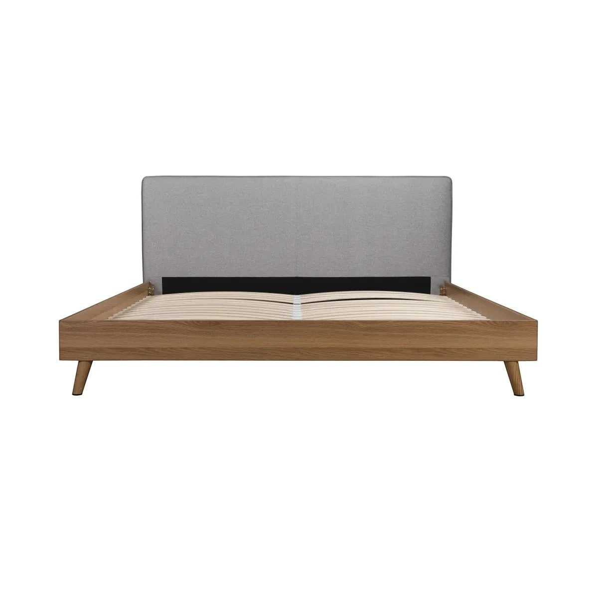 TOCO Meubles Lit Nova plateforme bas en bois brun avec tête de lit rembourrée grise, style Mid-Century Modern.