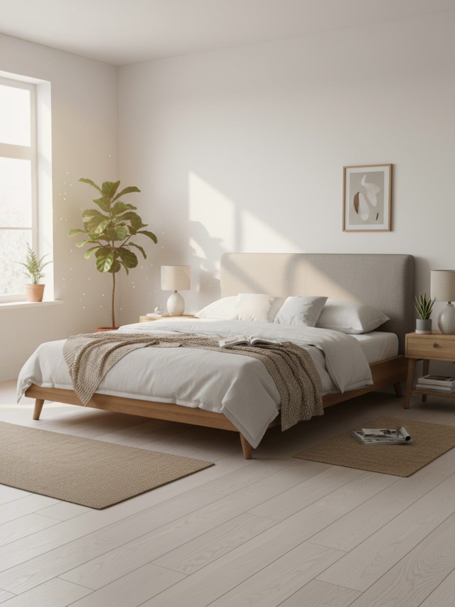 Très grand lit TOCO Meubles Nova en bois brun avec tête de lit rembourrée grise dans une chambre moderne
