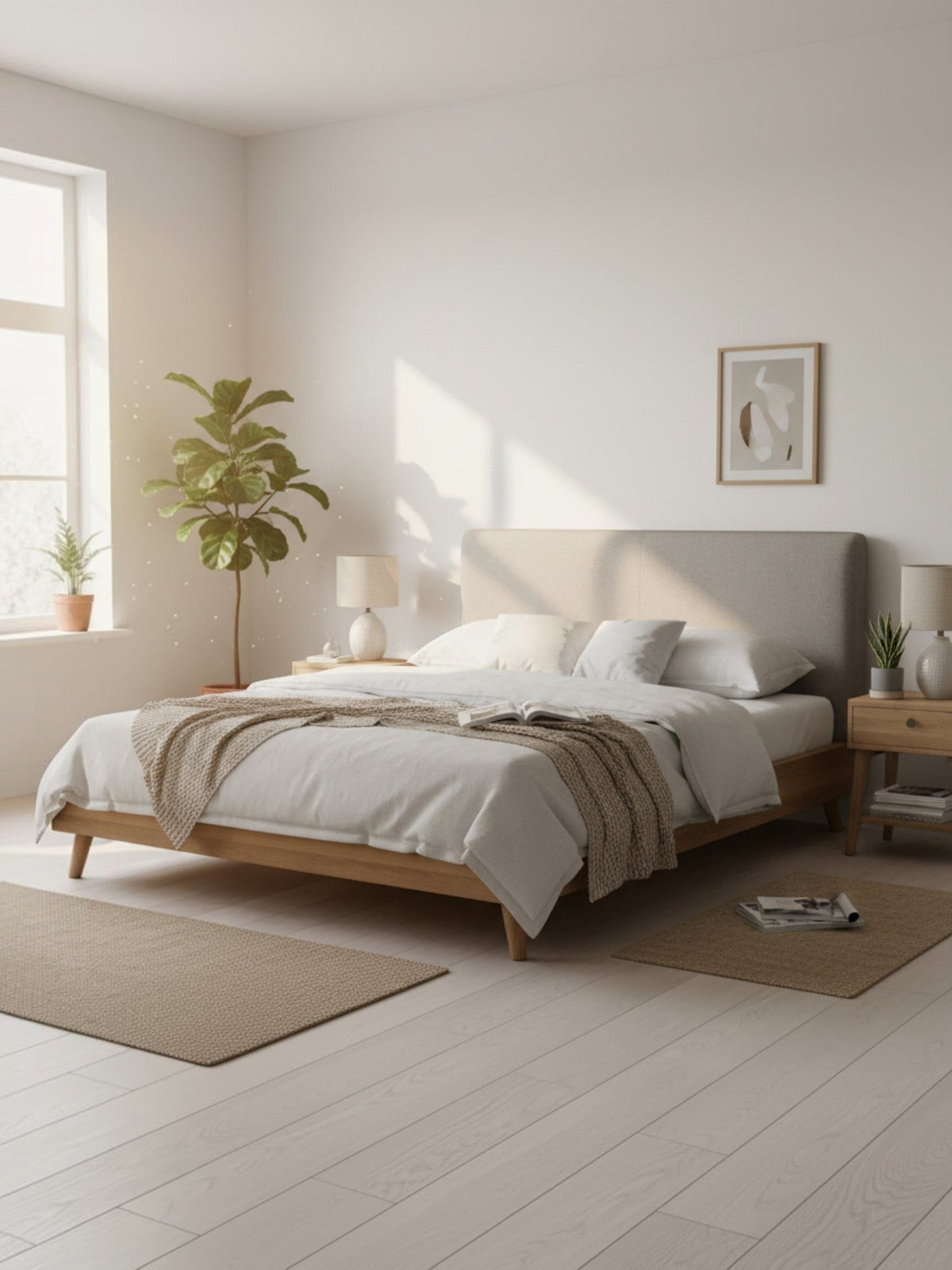 Très grand lit TOCO Meubles Nova en bois brun avec tête de lit rembourrée grise dans une chambre moderne