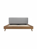 Très grand lit TOCO Meubles Nova style Mid-Century avec cadre en bois brun et tête de lit rembourrée en tissu gris