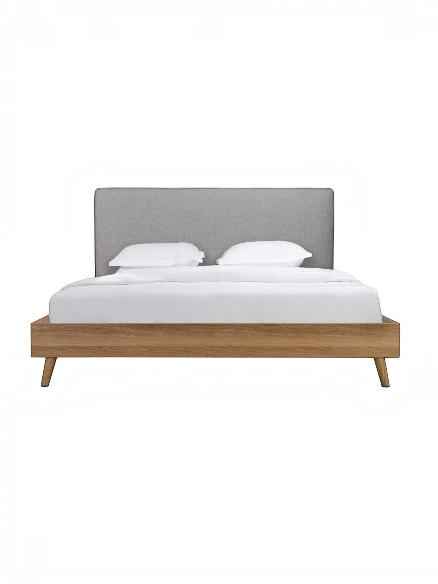 Très grand lit TOCO Meubles Nova plateforme en bois brun avec tête de lit rembourrée en tissu gris