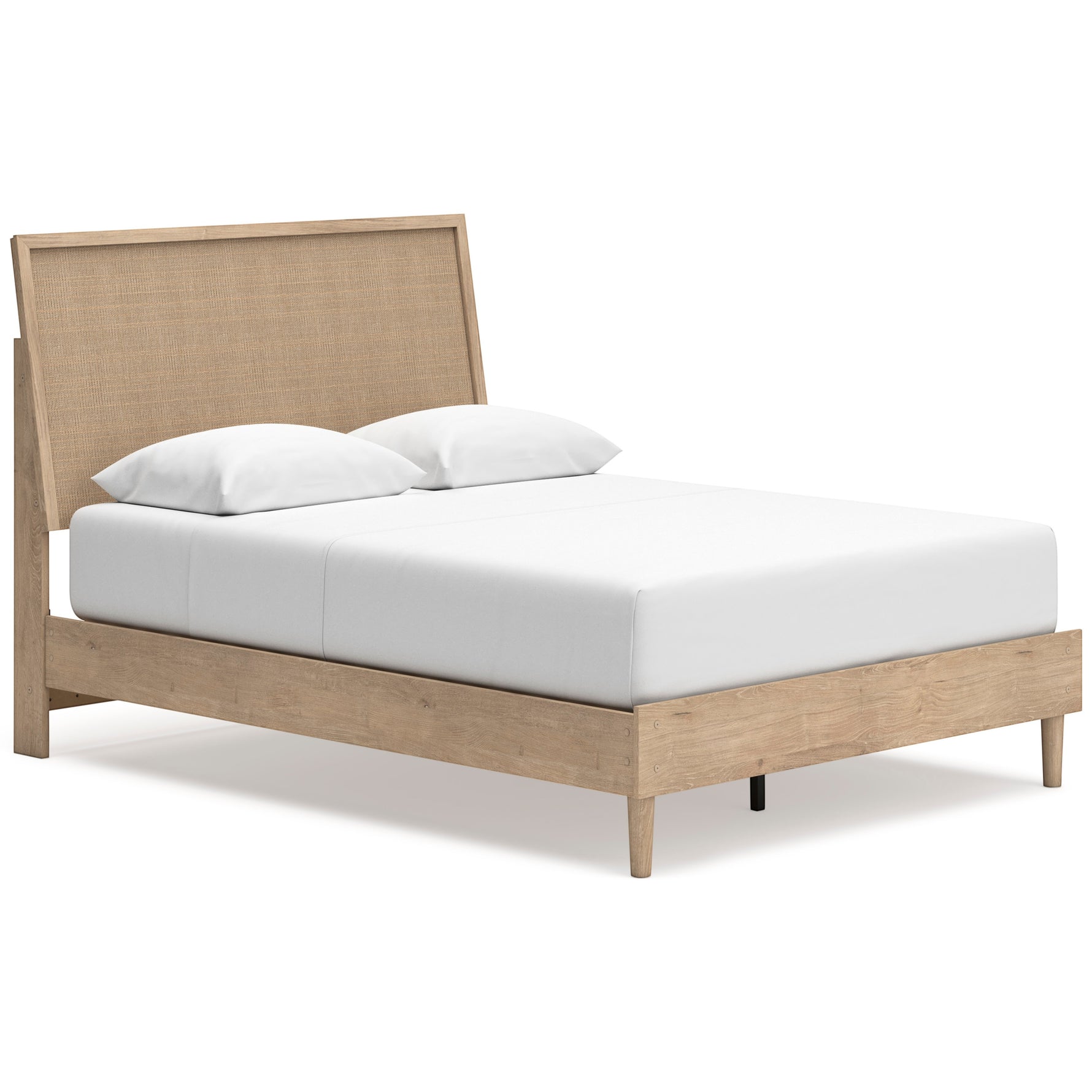 TOCO Meubles Grand Lit Olive en bois clair avec tête de lit en cannage beige, style contemporain.