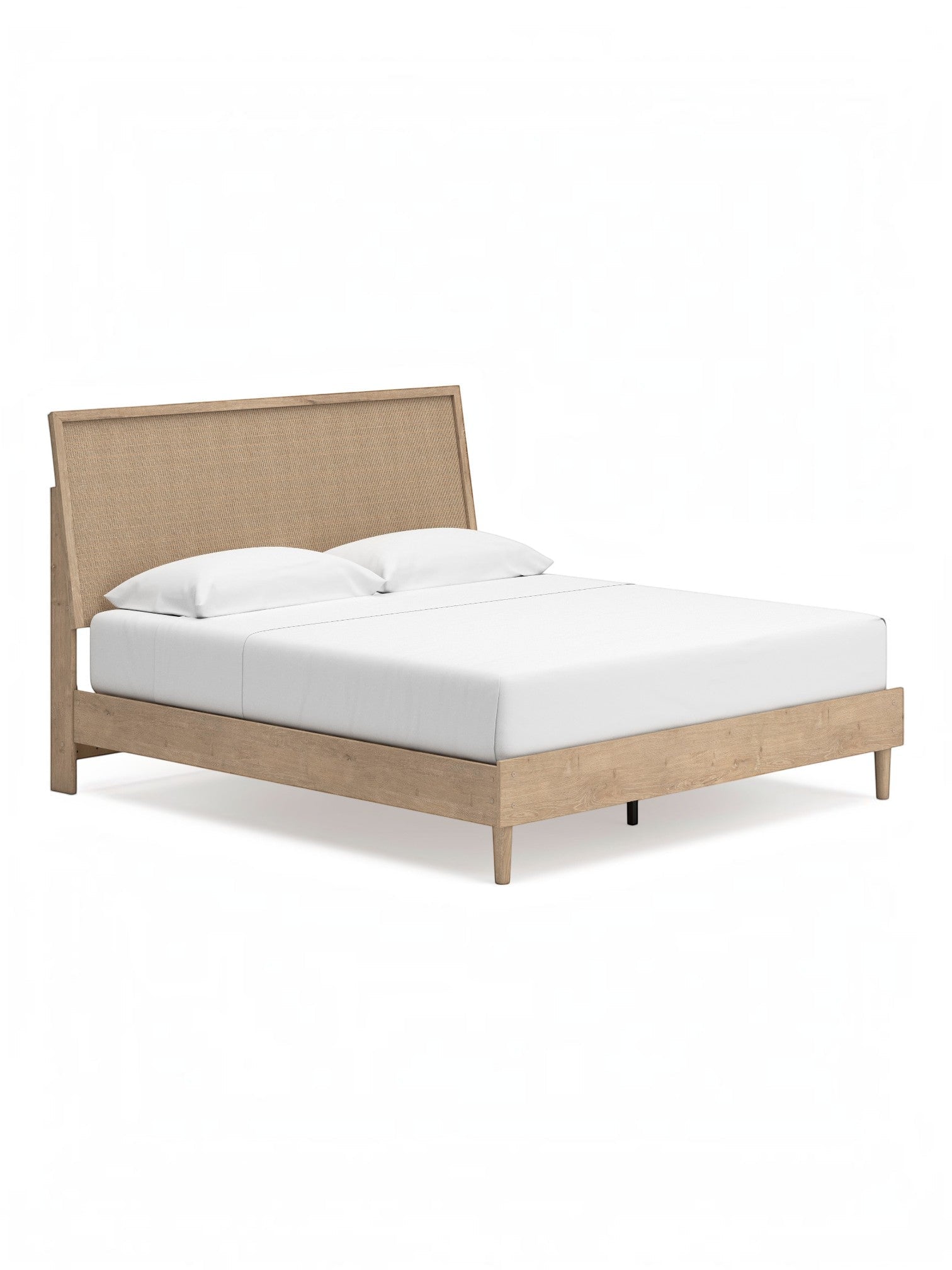 Très grand lit TOCO Meubles Olive en bois clair avec tête de lit texturée effet cannage beige et design contemporain